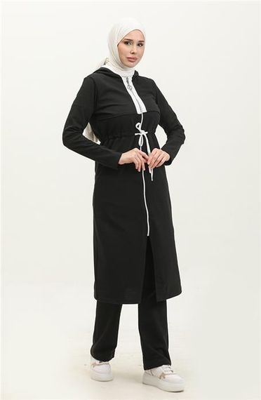 Капюшонный спортивный костюм с молнией и поясом, черный, базовый, из двух частей, размер 38-46 - фото 2