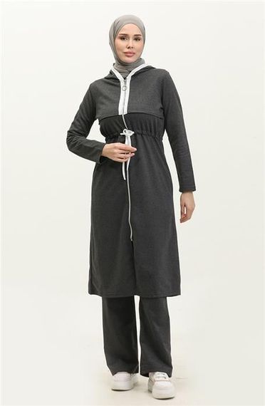 طقم رياضي بسيط بلون أنترسيت بسحاب وسلطة مع غطاء للرأس من سيفدا، متوفر بمقاسات 38-46 - صورة 1