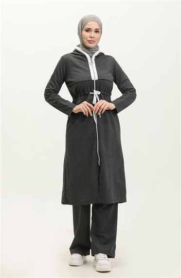 طقم رياضي بسيط بلون أنترسيت بسحاب وسلطة مع غطاء للرأس من سيفدا، متوفر بمقاسات 38-46 - صورة 2