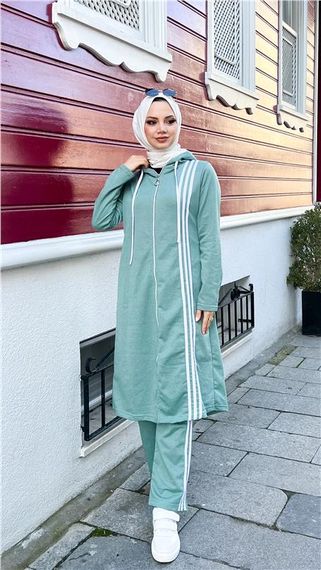Fermuarlı Kapşonlu Uzun Tunik Pantolon İkili Tesettür Eşofman Takımı - 03077 - Çağla Yeşili - fotoğraf 1