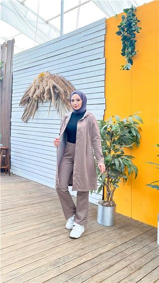 Костюм з капюшоном та брюками у стилі спорт на блискавці - 03078 - Візон, доступний в розмірах 38-46 - фото 3