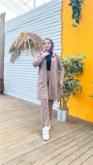 Костюм з капюшоном та брюками у стилі спорт на блискавці - 03078 - Візон, доступний в розмірах 38-46 - фото 2