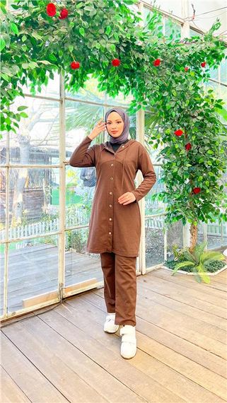 Çıtçıtlı Kapşonlu Uzun Tunik Pantolon İkili Tesettür Eşofman Takımı - 03078 - Kahverengi - fotoğraf 2