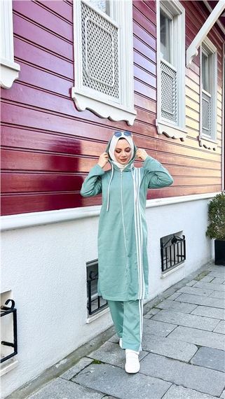 Fermuarlı Kapşonlu Uzun Tunik Pantolon İkili Tesettür Eşofman Takımı - 03077 - Çağla Yeşili - fotoğraf 3