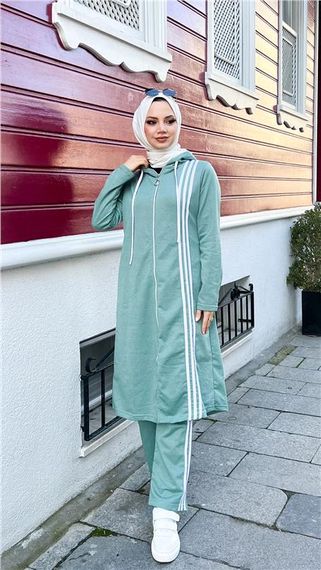 Fermuarlı Kapşonlu Uzun Tunik Pantolon İkili Tesettür Eşofman Takımı - 03077 - Çağla Yeşili - fotoğraf 2