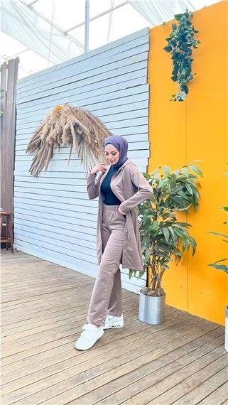 Костюм з капюшоном та брюками у стилі спорт на блискавці - 03078 - Візон, доступний в розмірах 38-46 - фото 5