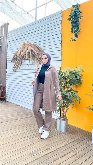 Костюм з капюшоном та брюками у стилі спорт на блискавці - 03078 - Візон, доступний в розмірах 38-46 - фото 4