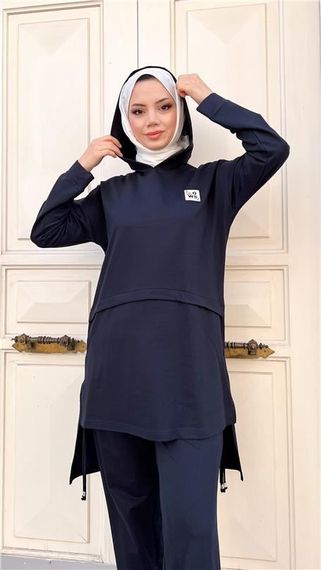 Kapşonlu Yırtmacı Bağcık Detaylı Pamuklu Tesettür Eşofman Takımı - 71168 - Lacivert - photo 3