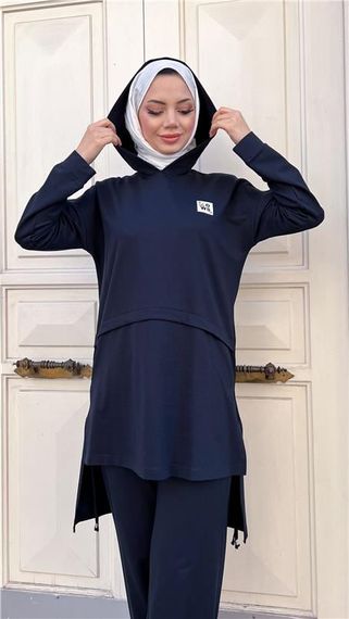 Kapşonlu Yırtmacı Bağcık Detaylı Pamuklu Tesettür Eşofman Takımı - 71168 - Lacivert - photo 2