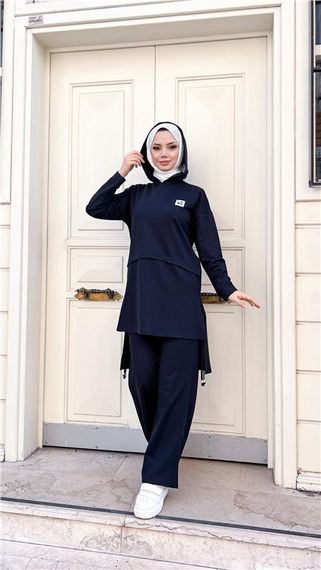 Kapşonlu Yırtmacı Bağcık Detaylı Pamuklu Tesettür Eşofman Takımı - 71168 - Lacivert - photo 5