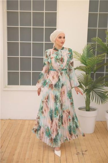 Довге шифонове плаття з візерунком та поясом - зелений, 44-46-38-40-42 щоденний стиль - фото 2