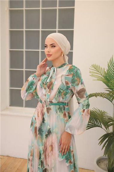 Довге шифонове плаття з візерунком та поясом - зелений, 44-46-38-40-42 щоденний стиль - фото 5