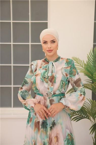 Довге шифонове плаття з візерунком та поясом - зелений, 44-46-38-40-42 щоденний стиль - фото 4