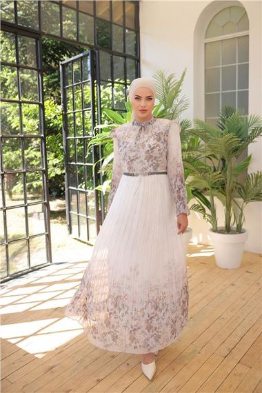 Beyaz Çiçek Desenli Kemerli Uzun Şifon Elbise - 50003 - Gri - fotoğraf 1