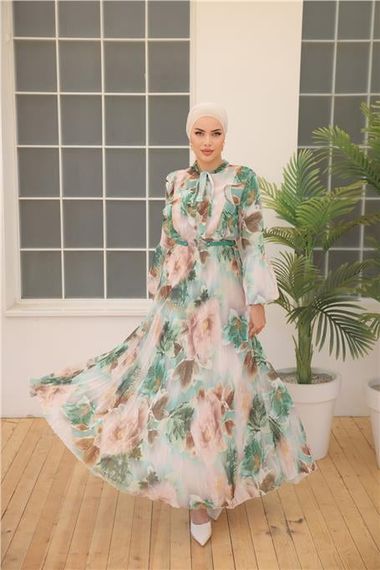 Довге шифонове плаття з візерунком та поясом - зелений, 44-46-38-40-42 щоденний стиль - фото 1