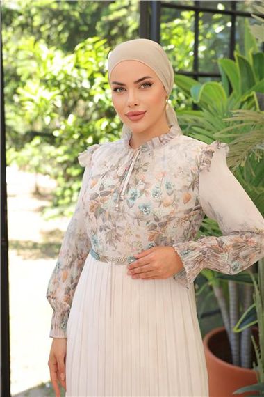 Длинное шифоновое платье с белыми цветами и поясом зеленого цвета, размеры 38-46 - фото 5