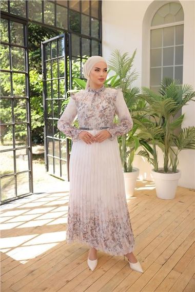 Beyaz Çiçek Desenli Kemerli Uzun Şifon Elbise - 50003 - Gri - fotoğraf 3