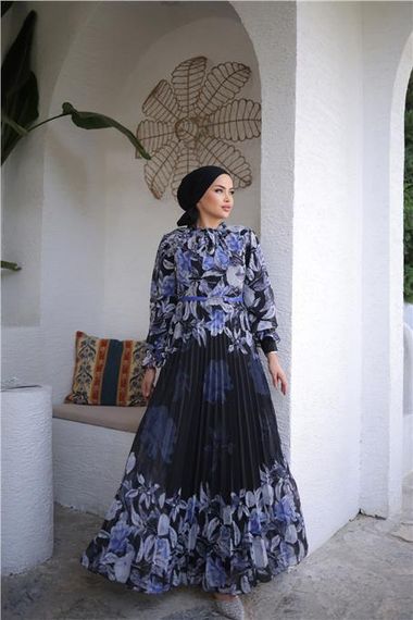 Длинное шифоновое платье с капюшоном и поясом, узор, фиолетовое, 44-46 размеры - фото 4