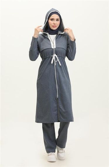 Kapşonlu Fermuarlı Belden Beyaz Bağcıklı Sade Basic İkili Spor Takımı - 03074 - İndigo - fotoğraf 2