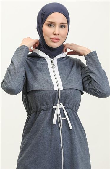 Kapşonlu Fermuarlı Belden Beyaz Bağcıklı Sade Basic İkili Spor Takımı - 03074 - İndigo - fotoğraf 3