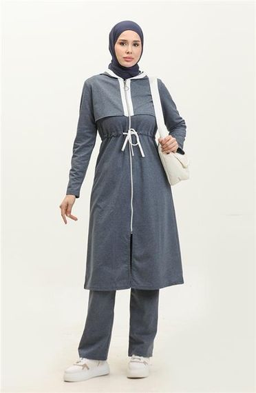 Kapşonlu Fermuarlı Belden Beyaz Bağcıklı Sade Basic İkili Spor Takımı - 03074 - İndigo - fotoğraf 1