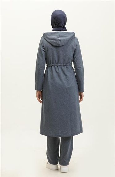 Kapşonlu Fermuarlı Belden Beyaz Bağcıklı Sade Basic İkili Spor Takımı - 03074 - İndigo - fotoğraf 5