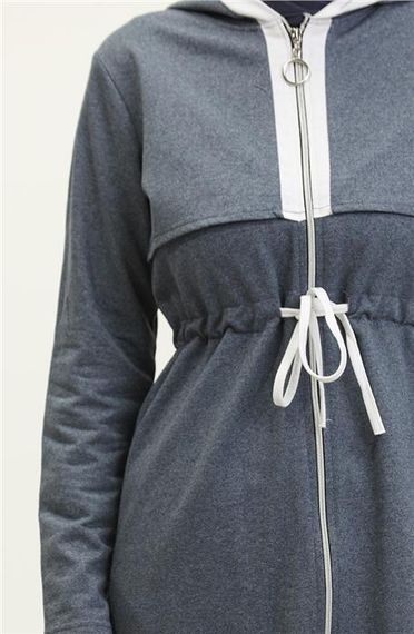 Kapşonlu Fermuarlı Belden Beyaz Bağcıklı Sade Basic İkili Spor Takımı - 03074 - İndigo - fotoğraf 4