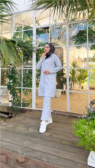 Çıtçıtlı Kapşonlu Uzun Tunik Pantolon İkili Tesettür Eşofman Takımı - 03078 - Gri - photo 5