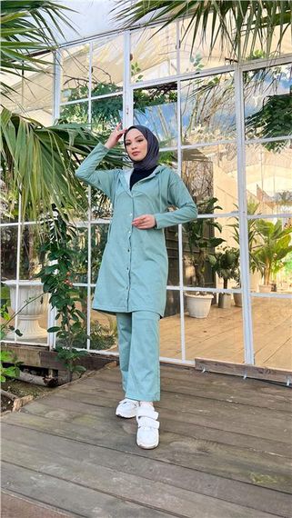 Çıtçıtlı Kapşonlu Uzun Tunik Pantolon İkili Tesettür Eşofman Takımı - 03078 - Çağla Yeşili - fotoğraf 2