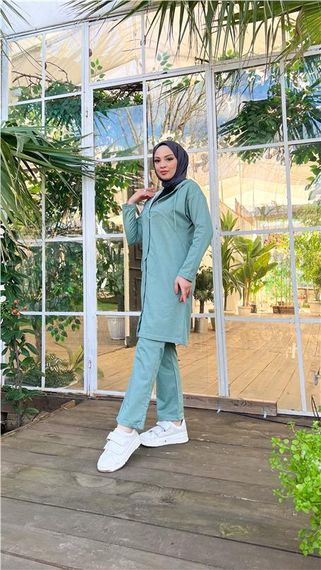 Çıtçıtlı Kapşonlu Uzun Tunik Pantolon İkili Tesettür Eşofman Takımı - 03078 - Çağla Yeşili - fotoğraf 3