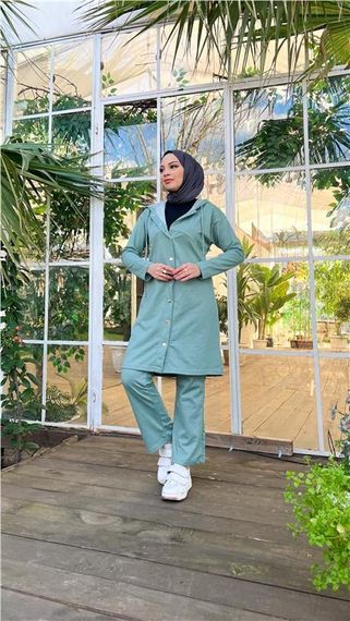 Çıtçıtlı Kapşonlu Uzun Tunik Pantolon İkili Tesettür Eşofman Takımı - 03078 - Çağla Yeşili - fotoğraf 5
