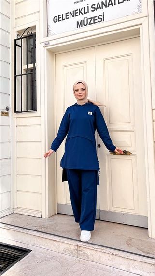 طقم شتوي مغلق بأكمام طويلة وسحاب بتفاصيل حبل من القطن بلون إنديجو - صورة 5