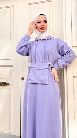 Kapşonlu Seyyar Cepli Pamuklu Elbise - 71169 - Lila - fotoğraf 2