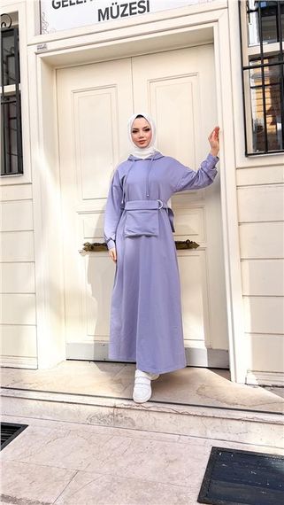Kapşonlu Seyyar Cepli Pamuklu Elbise - 71169 - Lila - fotoğraf 1