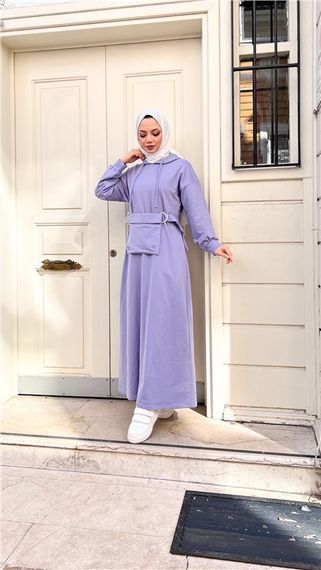 Kapşonlu Seyyar Cepli Pamuklu Elbise - 71169 - Lila - fotoğraf 5