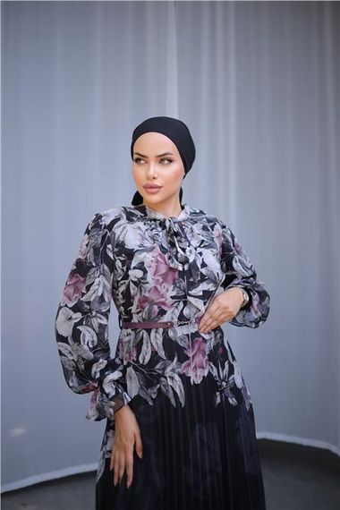 Boyun Bağcıklı Kemerli Desenli Uzun Şifon Elbise - 50006.101 - Gül Kurusu - fotoğraf 4