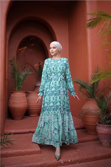 Boncuk Aksesuarlı Belden Bağcıklı Desenli Uzun Şifon Elbise - 50007.100 - Çağla Yeşili - fotoğraf 3