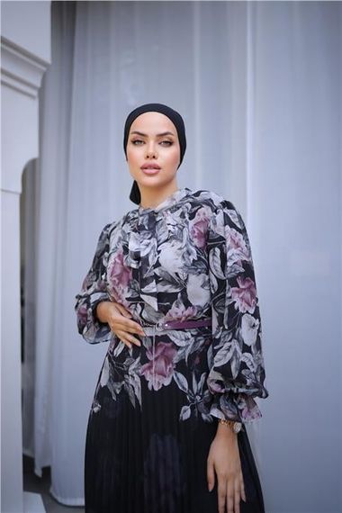 Boyun Bağcıklı Kemerli Desenli Uzun Şifon Elbise - 50006.101 - Gül Kurusu - fotoğraf 5