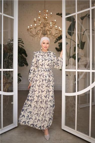 Leaf Pattern Long Chiffon Dress with Waist Tie in Black - photo 1