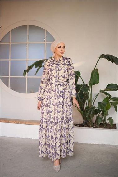 Leaf Pattern Long Chiffon Dress with Waist Tie in Purple - photo 3