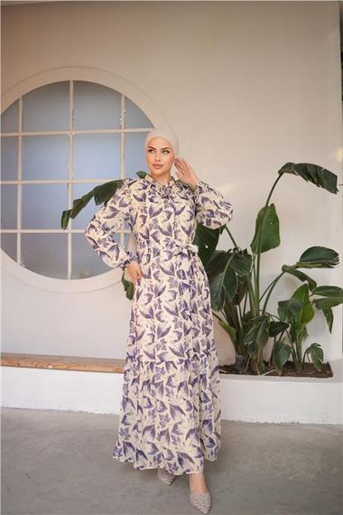 Leaf Pattern Long Chiffon Dress with Waist Tie in Purple - photo 2