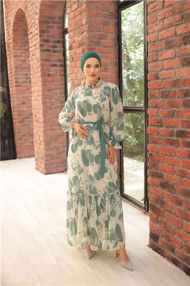 Chiffon Long Dress with Beaded Accessories and Ties in Sage Green, Available in Sizes 38-46 - photo 5