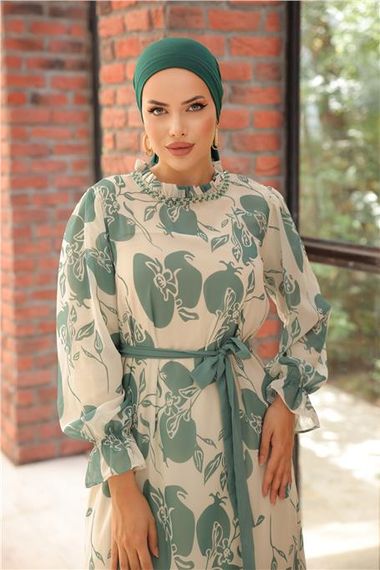 Chiffon Long Dress with Beaded Accessories and Ties in Sage Green, Available in Sizes 38-46 - photo 4