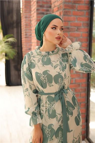 Chiffon Long Dress with Beaded Accessories and Ties in Sage Green, Available in Sizes 38-46 - photo 3