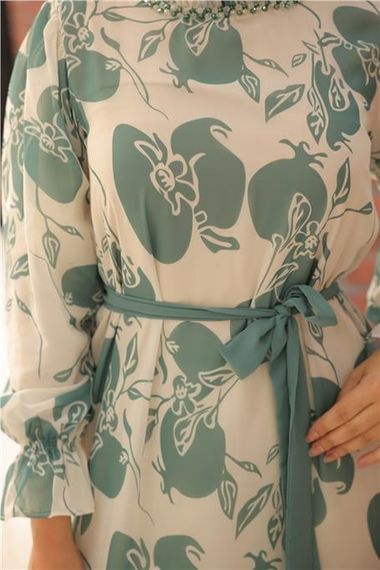 Chiffon Long Dress with Beaded Accessories and Ties in Sage Green, Available in Sizes 38-46 - photo 2