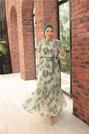 Chiffon Long Dress with Beaded Accessories and Ties in Sage Green, Available in Sizes 38-46 - photo 1