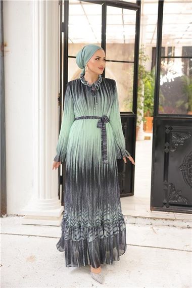 Pleated Waist Tie Long Striped Pattern Chiffon Dress in Sage Green Available in Sizes 38-44 - photo 3