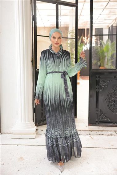 Pleated Waist Tie Long Striped Pattern Chiffon Dress in Sage Green Available in Sizes 38-44 - photo 1