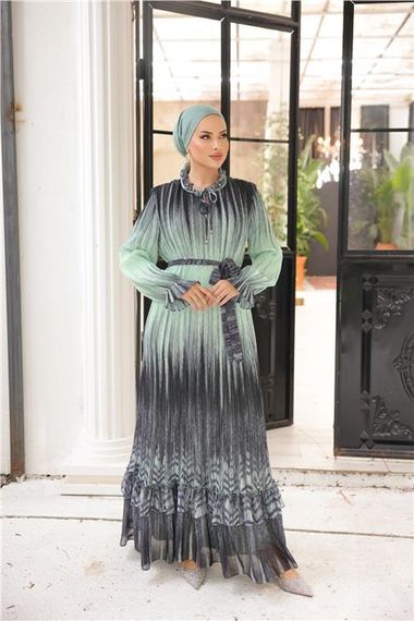 Pleated Waist Tie Long Striped Pattern Chiffon Dress in Sage Green Available in Sizes 38-44 - photo 2