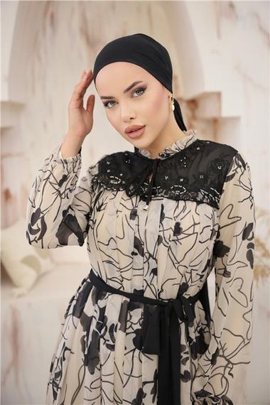 Long Chiffon Dress with Neck and Waist Tie - Patterned - Beige - Available in Sizes 38-46 - photo 2